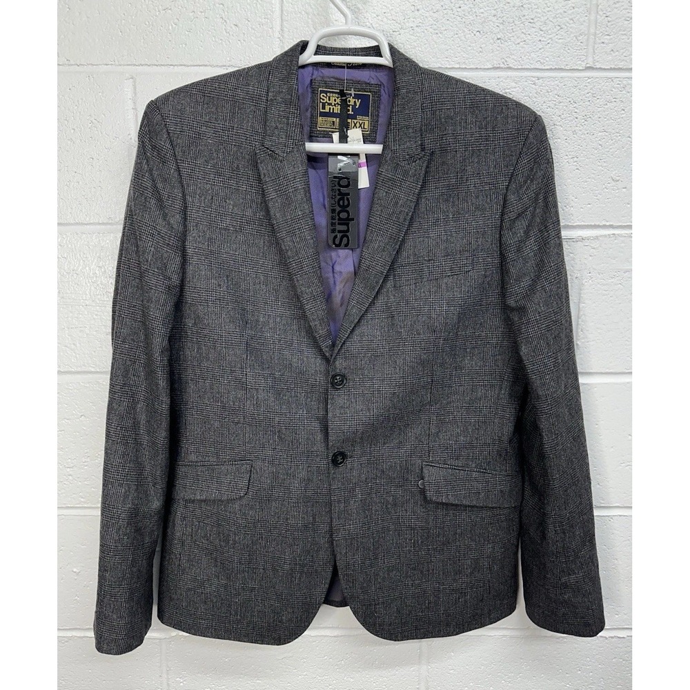 NEW Superdry Limited Blazer Classic‎ Slim Grey Wool Plaid Check Sport Coat / 2XL